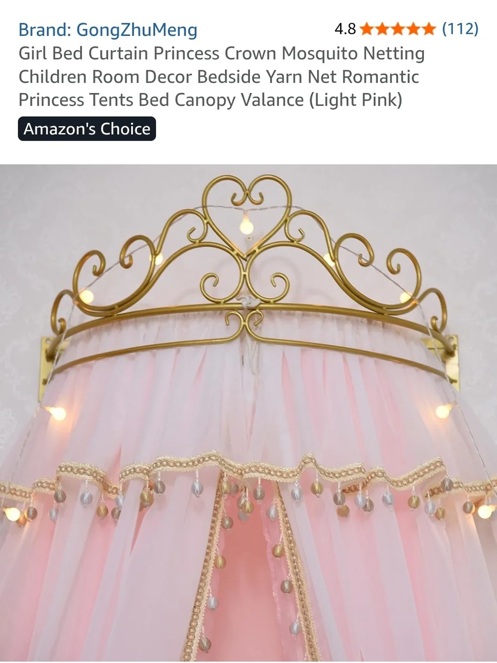 Pink Princess Bed Canopy with Gold Crown